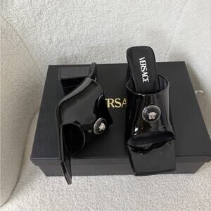 Versace Medusa Black Patent Leather Mules 38